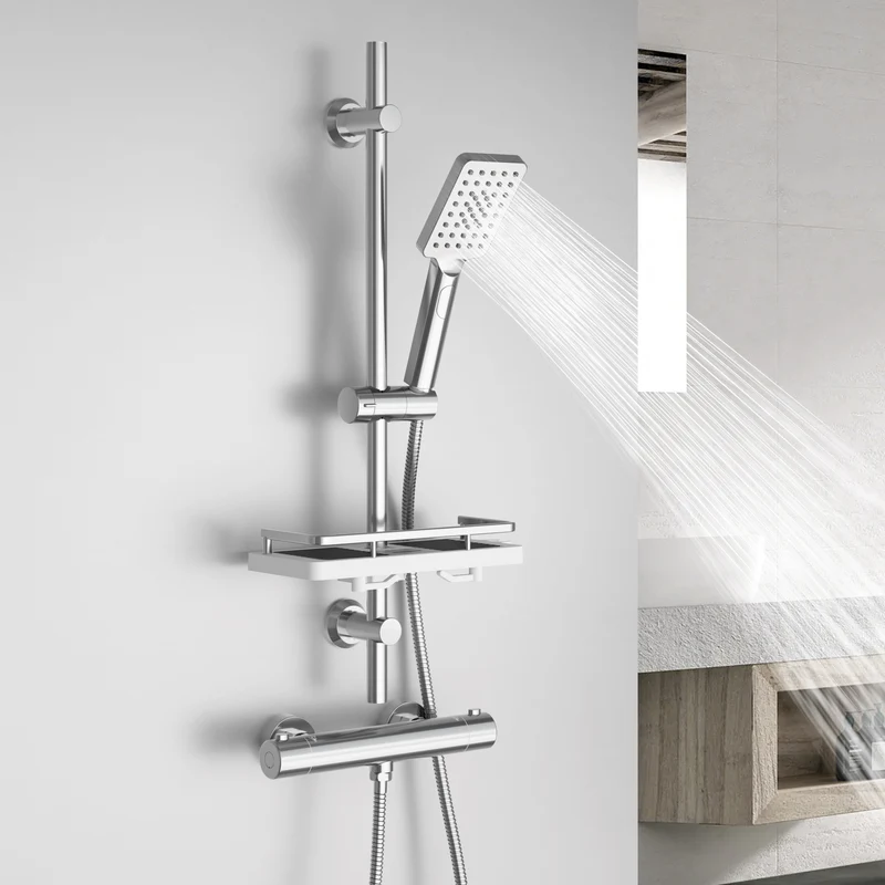 JOHO Duschset Duschstangeset mit Ablage, Rail Shower kit mit rechteckig Handbrause Chrom (DS1210CP)