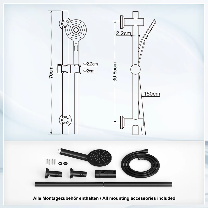 JOHO Schwarz Duschset mit Handbrause 0.7m Duschstange mit Brausehalterung Schlauch (DSD12MB)