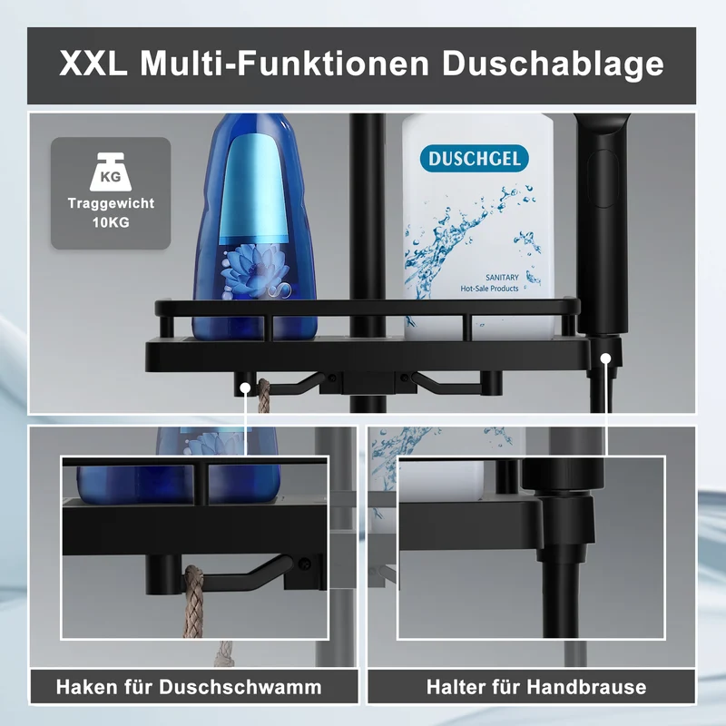 JOHO Duschset Rail Shower kit Rund Handbrause Duschstangeset mit Ablage schwarz (DSD12MB)
