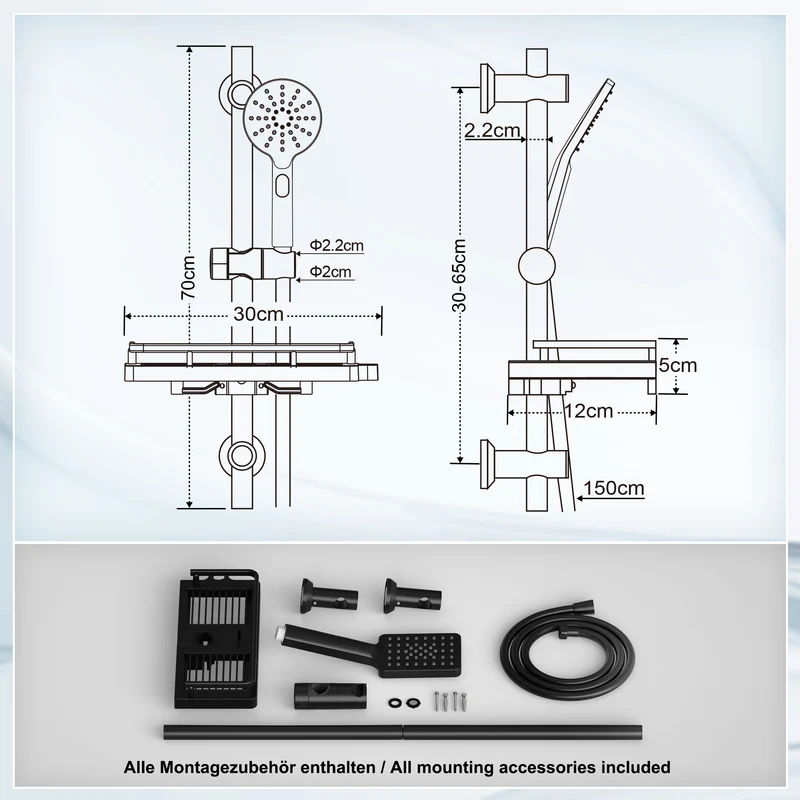 JOHO Duschset Rail Shower kit Der Duschkopf mit hohem Preis-Leistungs-Verhältnis Handbrause Duschstangeset mit Ablage schwarz (DS1210MB)