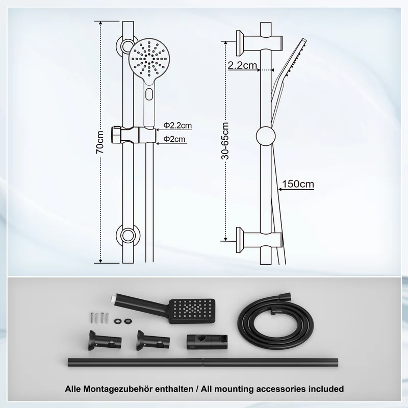 JOHO Schwarz Duschset mit Handbrause 0.7m Duschstange mit Brausehalterung Schlauch（DS1210MB)