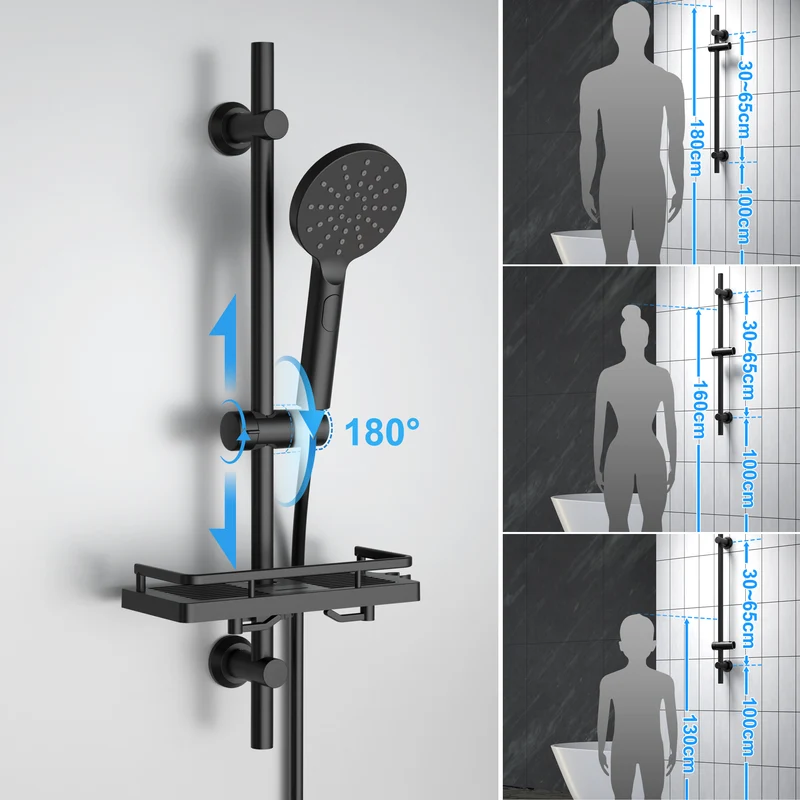 JOHO Duschset Rail Shower kit Rund Handbrause Duschstangeset mit Ablage schwarz (DSD12MB)