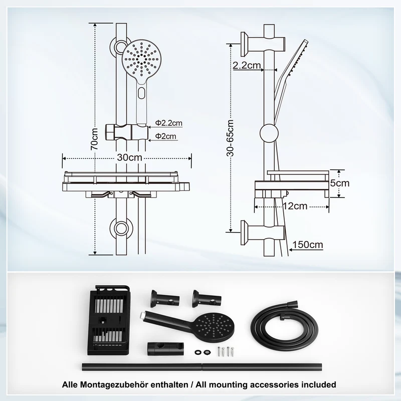 JOHO Duschset Rail Shower kit Rund Handbrause Duschstangeset mit Ablage schwarz (DSD12MB)