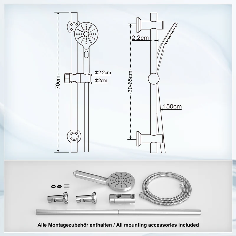 JOHO Duschset Duschbrause mit Schlauch und Halterung, D12cm Handdusche und 0.7m Duschstange set mit Brausehalterung, Chrom (DSD12CP)