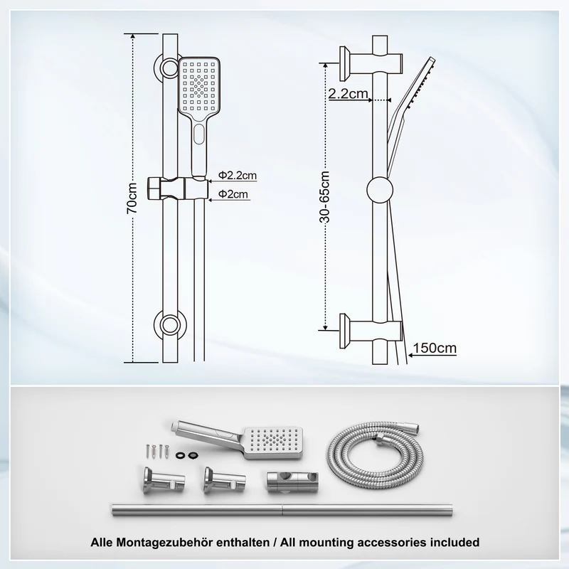 JOHO Duschset Duschbrause mit Schlauch und Halterung, Handdusche und 0.7m Duschstange mit Brausehalterung, Chrom (DS1210CP)