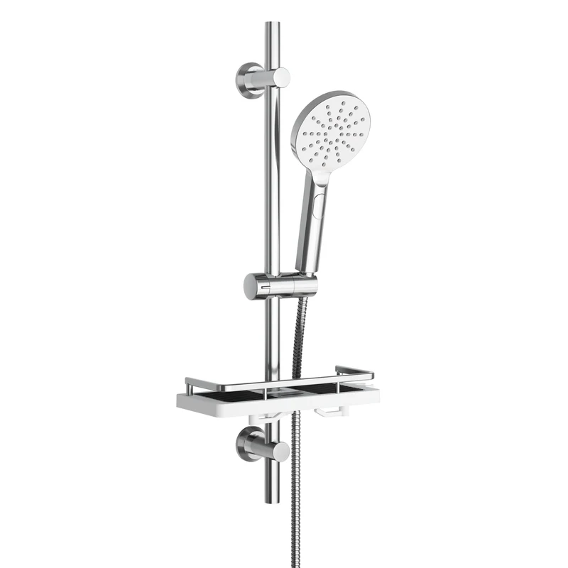 JOHO Duschset Duschstangeset mit Ablage, Rail Shower kit Brausestangeset mit Rund Handbrause Chrom (DSD12CP)