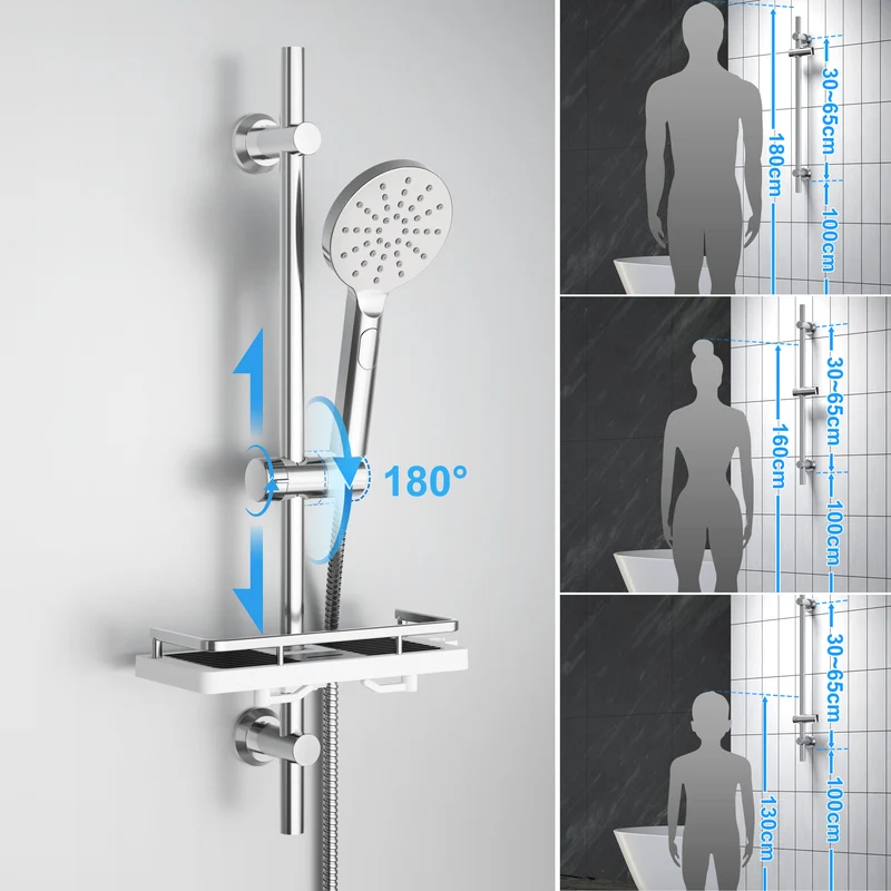 JOHO Duschset Duschstangeset mit Ablage, Rail Shower kit Brausestangeset mit Rund Handbrause Chrom (DSD12CP)