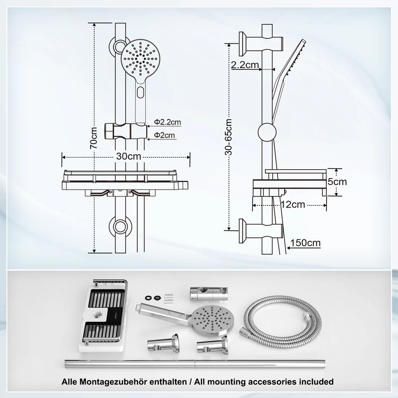 JOHO Duschset Duschstangeset mit Ablage, Rail Shower kit Brausestangeset mit Rund Handbrause Chrom (DSD12CP)