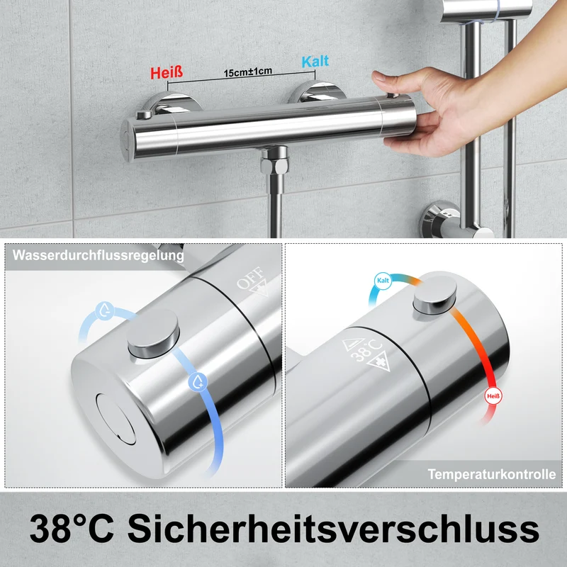 JOHO Thermostat Duscharmatur mit Duschstangen-Set, Thermostat-Brausebatterie mit Brausegarnitur, Thermostat Mischbatterie Dusche + Edelstahl Brausestangeset 70cm, Rund Chrom