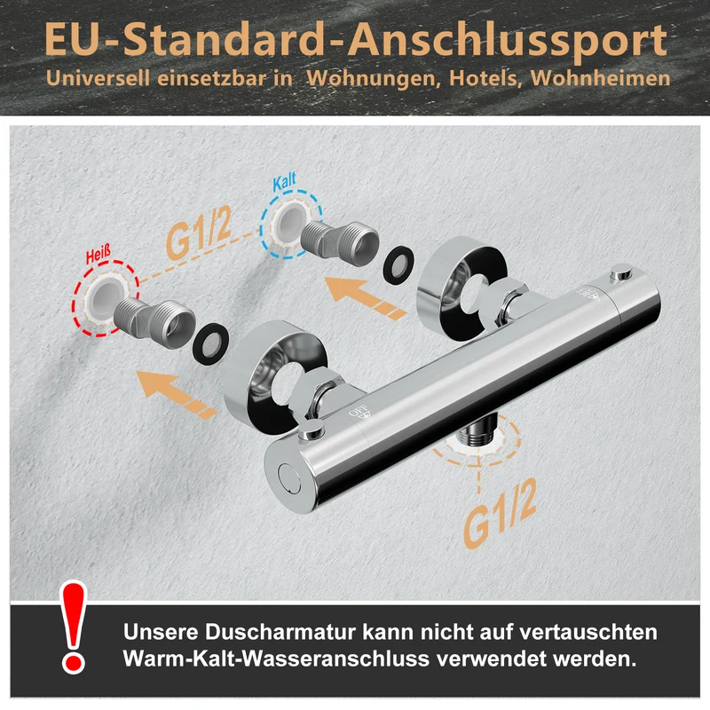 JOHO Thermostat Duscharmatur mit Duschstangen-Set, Thermostat-Brausebatterie mit Brausegarnitur, Thermostat Mischbatterie Dusche + Edelstahl Brausestangeset 70cm, Rund Chrom