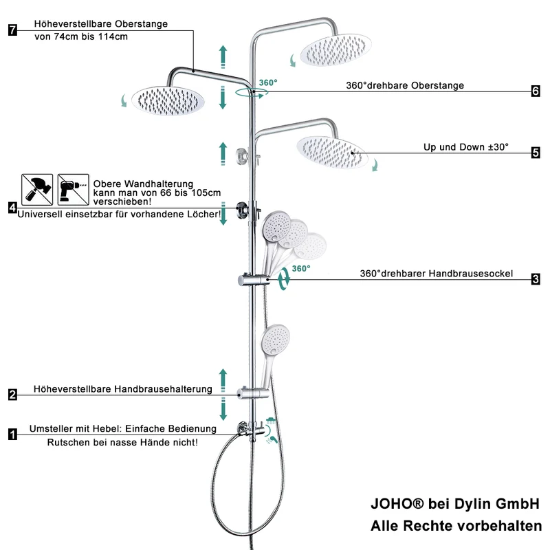 JOHO 304 Edelstahl Duscharmatur mit Multifunktions Rund Kopfbrause und Handbrause Chrom
