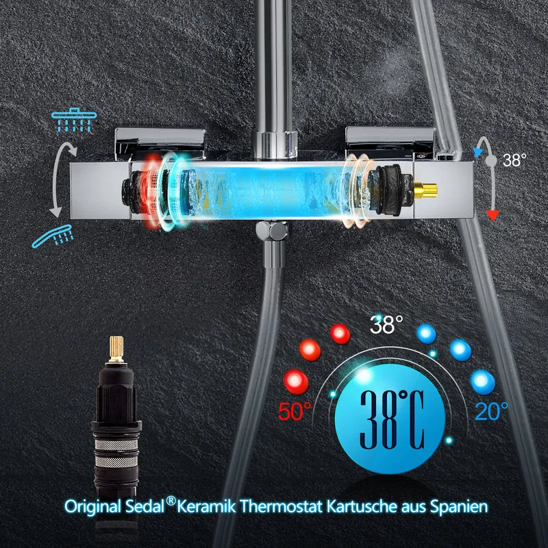 JOHO Thermostat Duschset Duschsystem Regendusche Duschgarnitur Duscharmatur mit 304 Edelstahl Eckig Kopfbrause