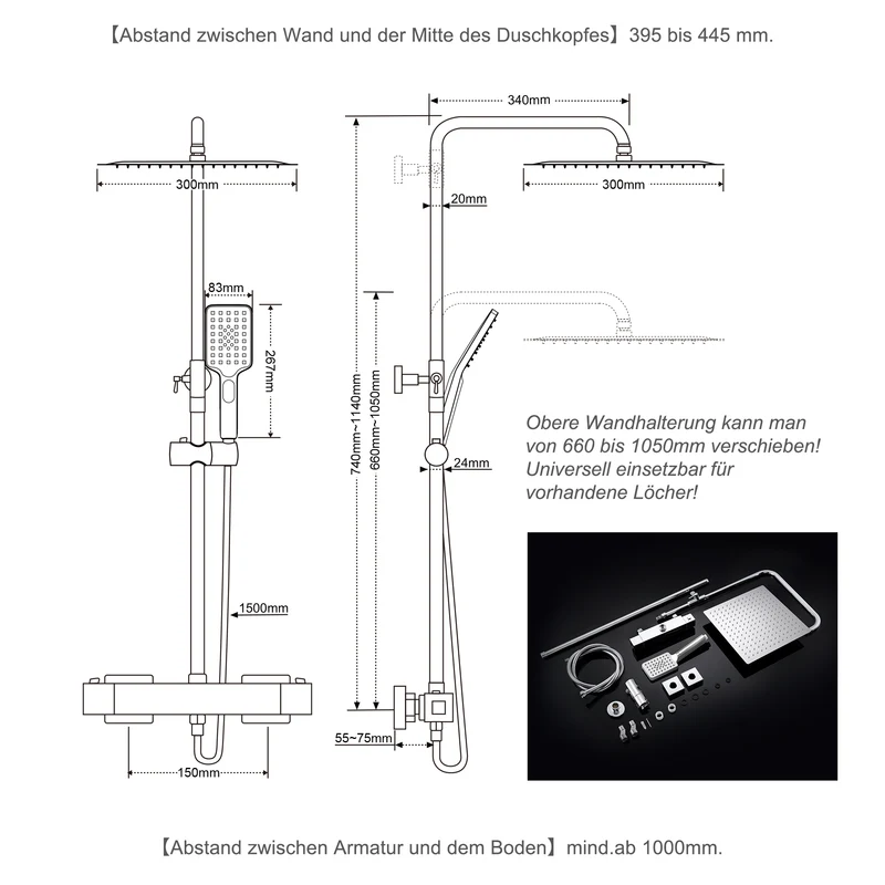 JOHO Thermostat Duschset Duschsystem Regendusche Duschgarnitur Duscharmatur mit 304 Edelstahl Eckig Kopfbrause