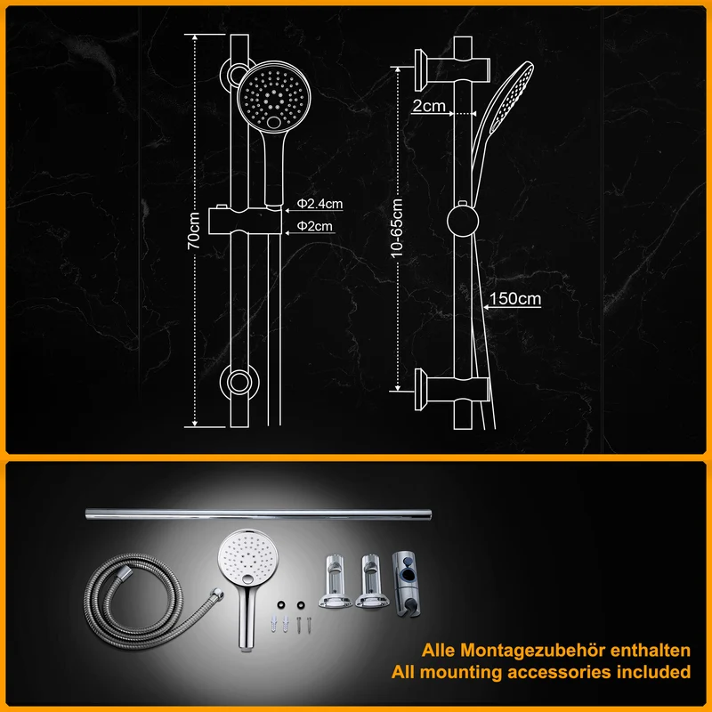 JOHO Duschset Duschbrause mit Schlauch und Halterung, D12cm Günstiger Handdusche und 0.7m Duschstange mit Brausehalterung, Chrom