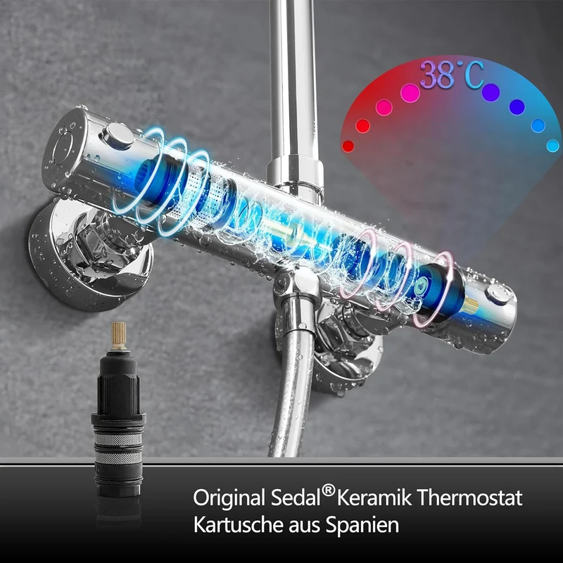 JOHO Regendusche Edelstahl Thermostat Duschset mit Kopfbrause, Duschsystem mit Thermostatarmatur, Chrom
