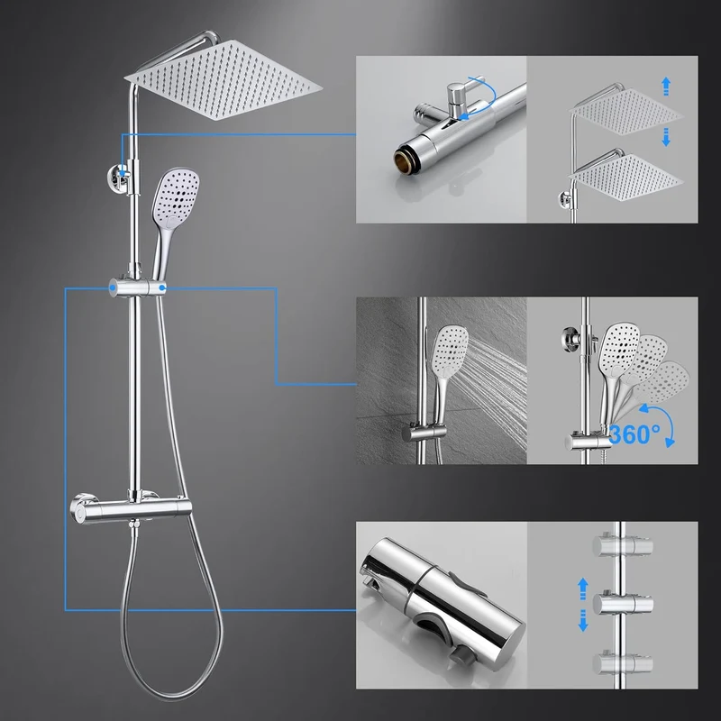 JOHO Regendusche Edelstahl Thermostat Duschset mit Kopfbrause, Duschsystem mit Thermostatarmatur, Chrom