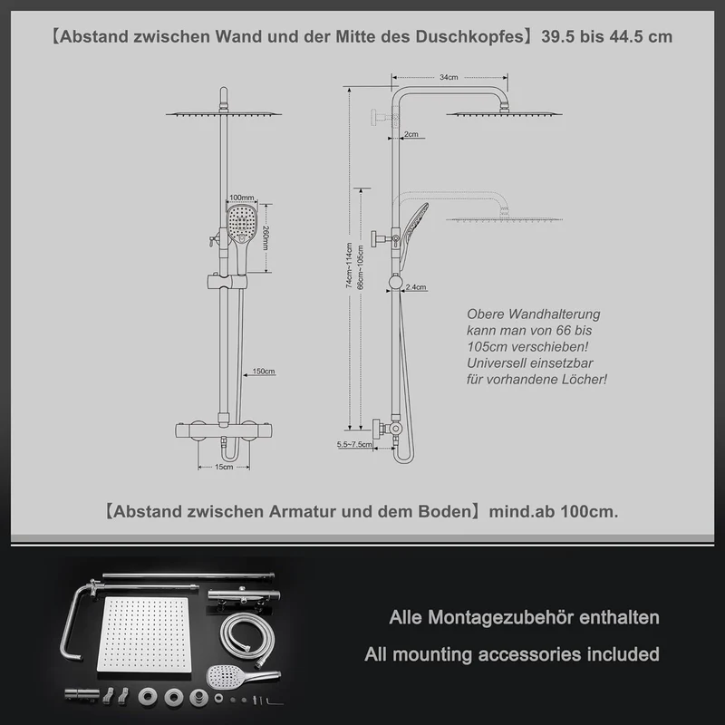 JOHO Regendusche Edelstahl Thermostat Duschset mit Kopfbrause, Duschsystem mit Thermostatarmatur, Chrom