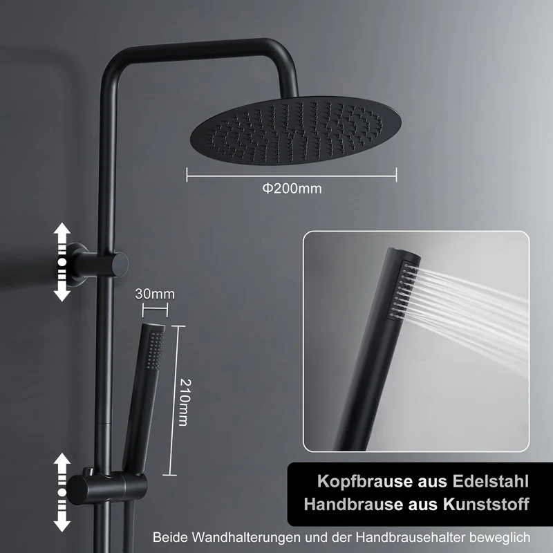 JOHO Regendusche Duschsystem 92 CM mit Ablage Kopfbrause Rund Schwarz
