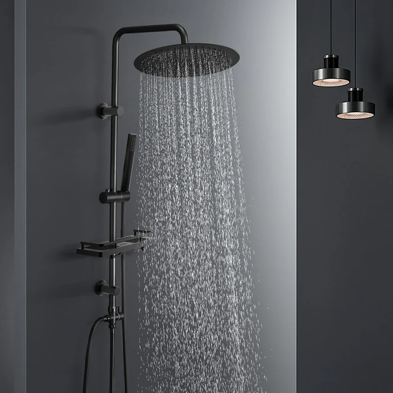 JOHO Regendusche Duschsystem 92 CM mit Ablage Kopfbrause Rund Schwarz