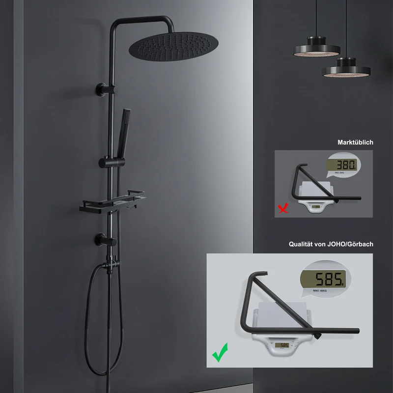 JOHO Regendusche Duschsystem 92 CM mit Ablage Kopfbrause Rund Schwarz