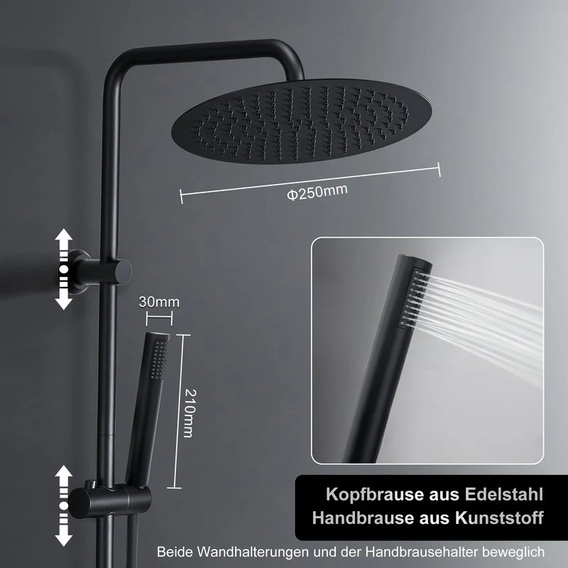JOHO Regendusche Duschsystem 92 CM mit Ablage Kopfbrause Rund Schwarz
