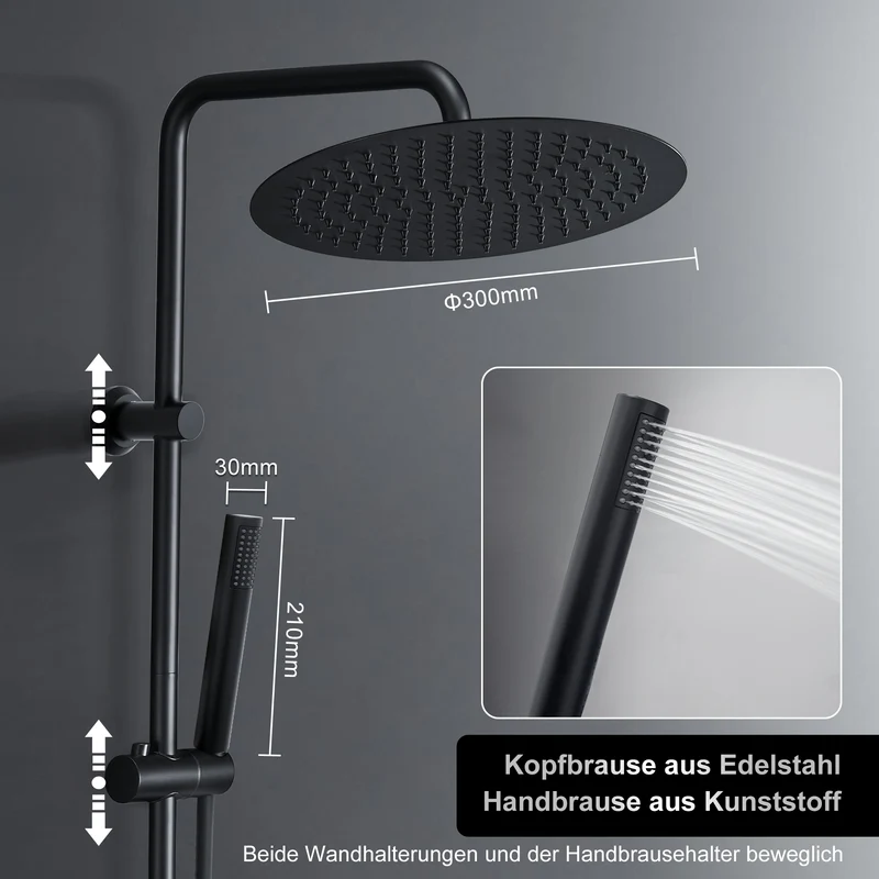 JOHO Regendusche Duschsystem 92 CM mit Ablage Kopfbrause Rund Schwarz