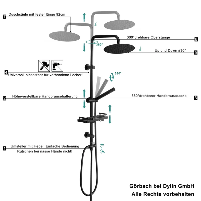 JOHO Regendusche Duschsystem 92 CM mit Ablage Kopfbrause Rund Schwarz