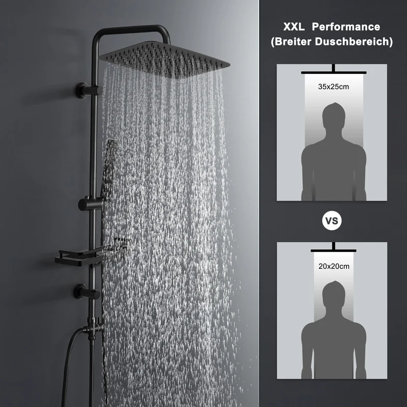 JOHO Regendusche Duschsystem 92 CM mit Ablage Kopfbrause rechteckig Schwarz 35x25 CM