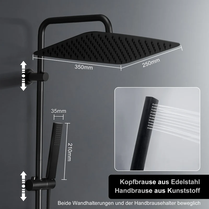 JOHO Regendusche Duschsystem 92 CM mit Ablage Kopfbrause rechteckig Schwarz 35x25 CM