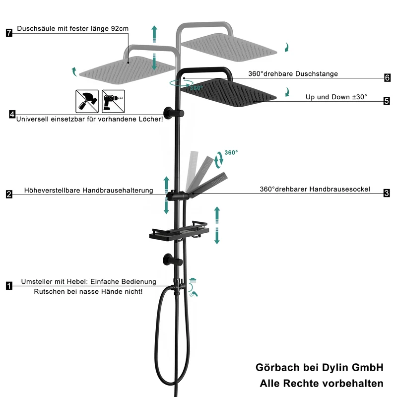 JOHO Regendusche Duschsystem 92 CM mit Ablage Kopfbrause rechteckig Schwarz 35x25 CM