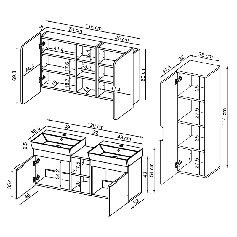 Roomart Badmöbel-Set LYCIA 120 cm, 4-teilig mit Doppelwaschtisch und Spiegelschrank, in 4 Farben