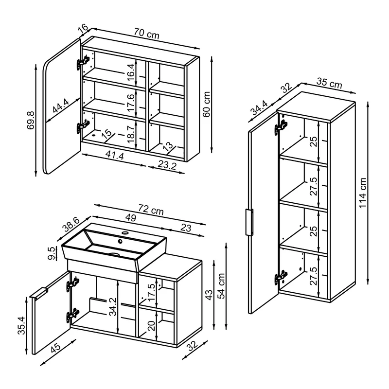 Roomart Badmöbel-Set LYCIA 72 cm, 4-teilig mit Spiegelschrank und Hochschrank, in 4 Farben
