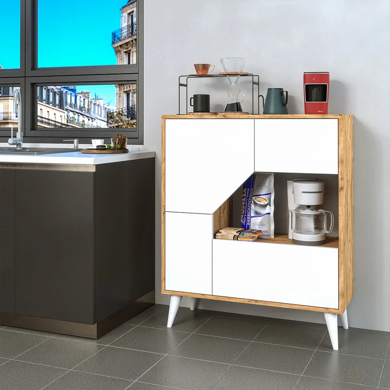 Roomart Mehrzweckschrank PABLO, 90 cm, mit 5 Fächern und Türen, in Weiß-Eiche
