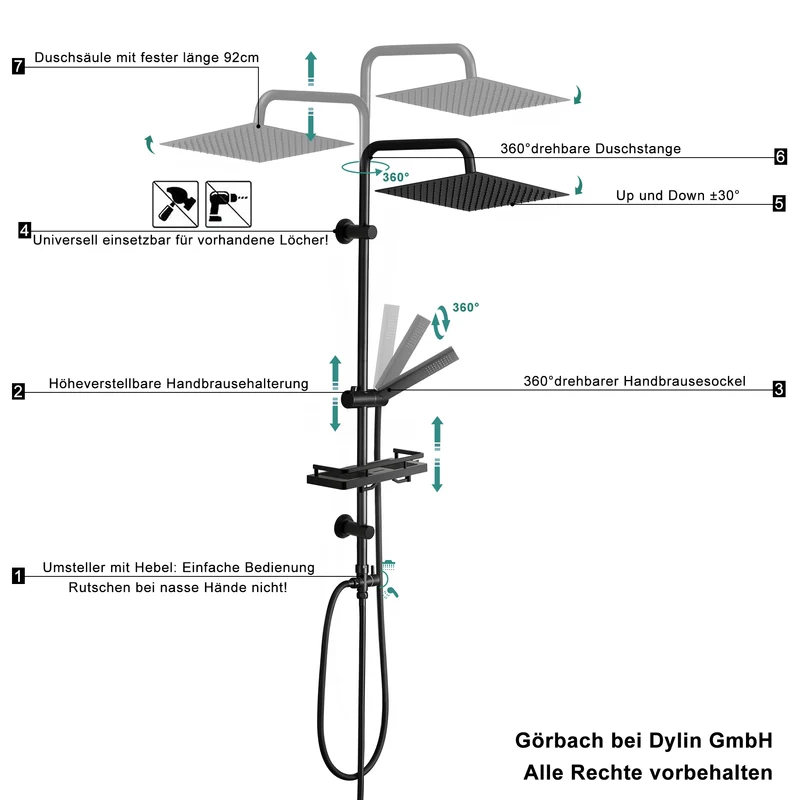 JOHO Regendusche Duschsystem 92 CM mit Ablage Kopfbrause eckig Schwarz