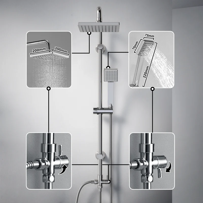 JOHO Regendusche Duschset ohne Armatur, Edelstahl Duschsystem mit Ablage, Duschstange set mit Kopfbrause 20x20cm