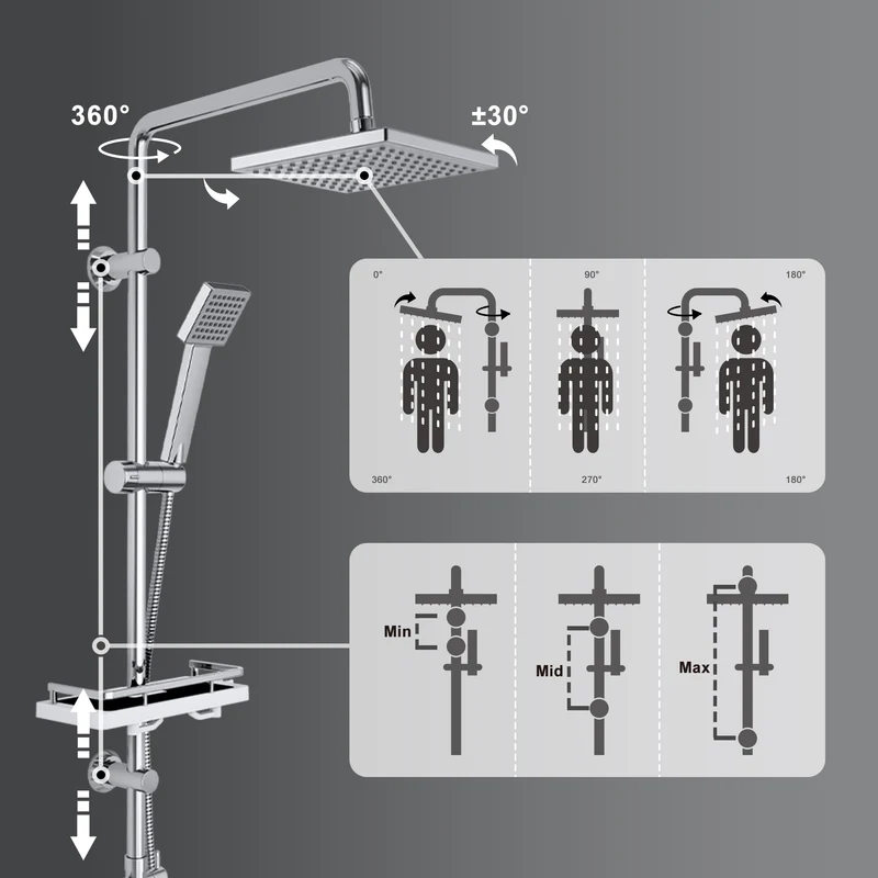 JOHO Regendusche Duschset ohne Armatur, Edelstahl Duschsystem mit Ablage, Duschstange set mit Kopfbrause 20x20cm