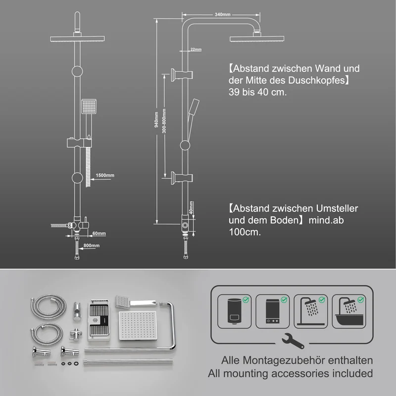 JOHO Regendusche Duschset ohne Armatur, Edelstahl Duschsystem mit Ablage, Duschstange set mit Kopfbrause 20x20cm