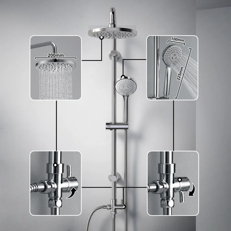 JOHO Regendusche Duschsystem ohne Duscharmatur, Edelstahl Duschset mit ABS Regenduschkopf Rund D20cm Chrom