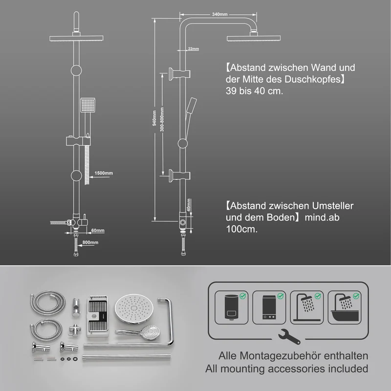 JOHO Regendusche Duschset ohne Armatur, Edelstahl Duschsystem mit Ablage, Duschstange set mit Kopfbrause ABSD20cm