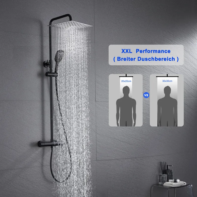 JOHO Thermostat Duschsystem aus Edelstahl, Regendusche Duschset mit Mischbatterie Duscharmatur matt schwarz