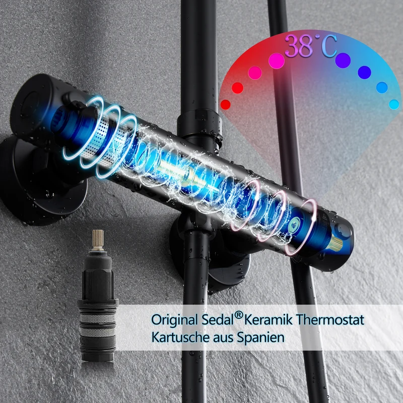 JOHO Thermostat Duschsystem aus Edelstahl, Regendusche Duschset mit Mischbatterie Duscharmatur matt schwarz