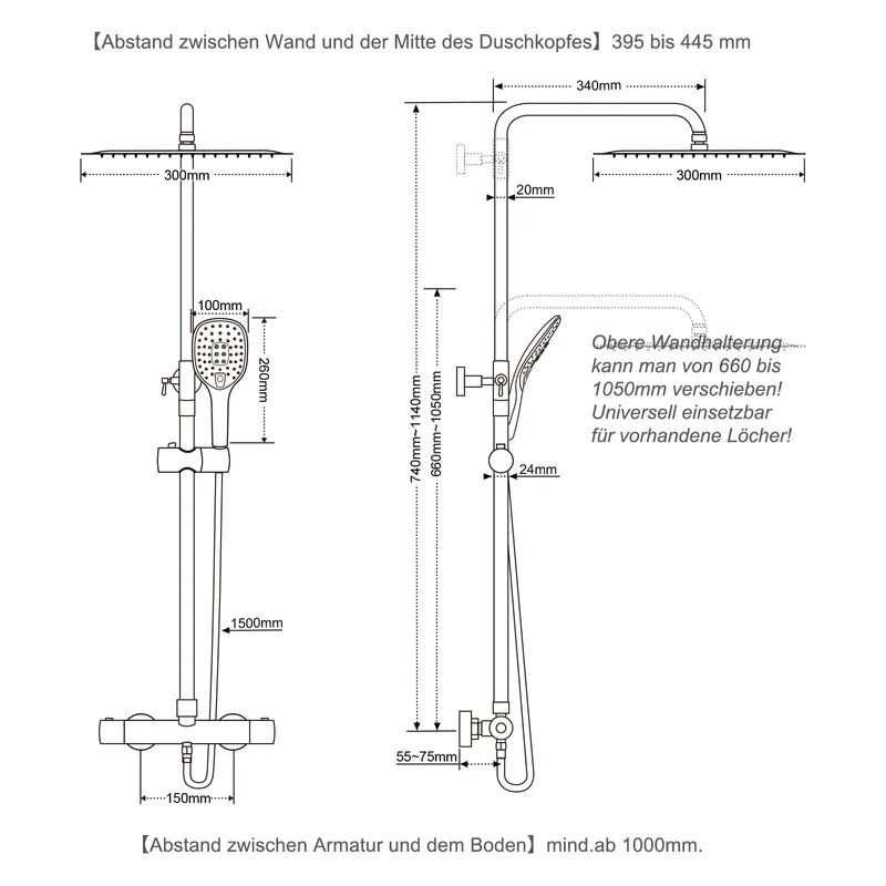 JOHO Thermostat Duschsystem aus Edelstahl, Regendusche Duschset mit Mischbatterie Duscharmatur matt schwarz