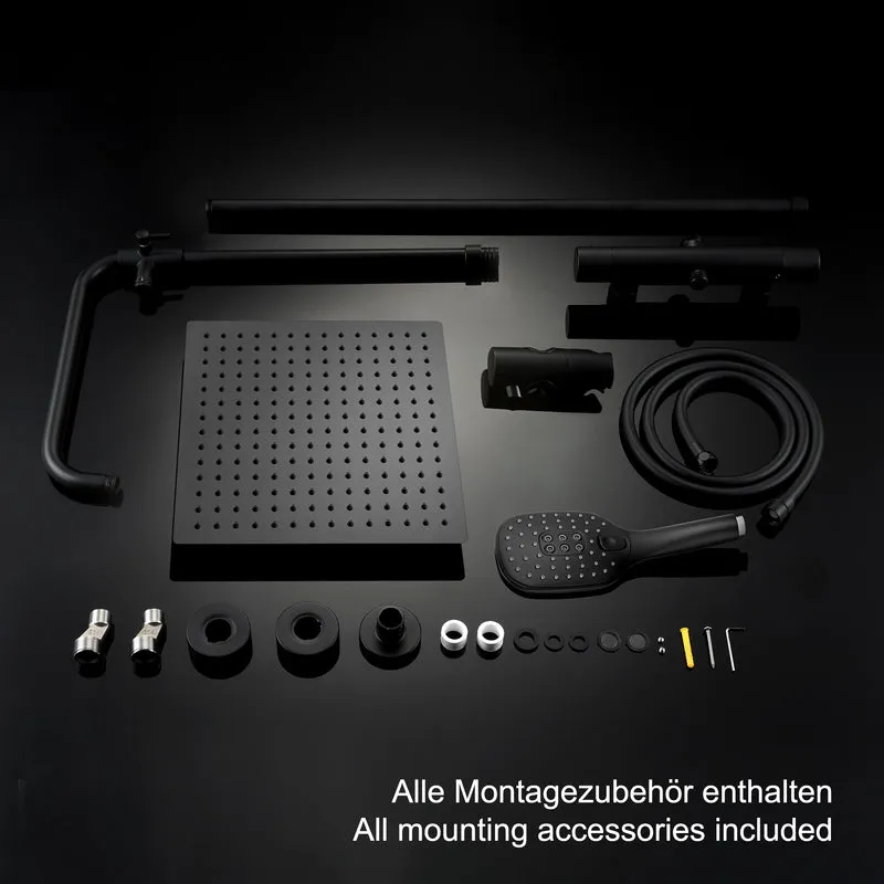 JOHO Thermostat Duschsystem aus Edelstahl, Regendusche Duschset mit Mischbatterie Duscharmatur matt schwarz