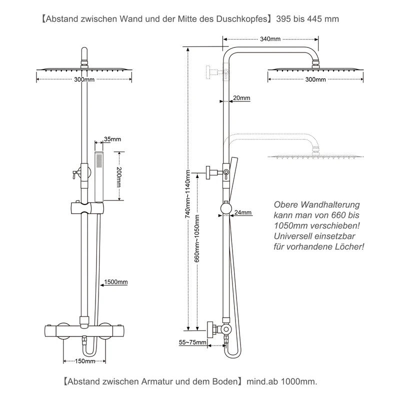 JOHO Thermostat Duschsystem Duschset mit eckig Kopfbrause matt schwarz