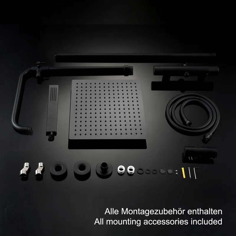JOHO Thermostat Duschsystem Duschset mit eckig Kopfbrause matt schwarz