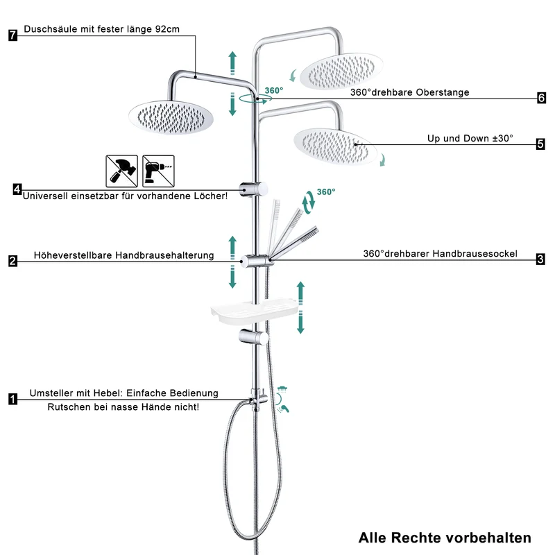 JOHO Regendusche Duschsystem 92 CM mit Ablage Kopfbrause Rund Chrom
