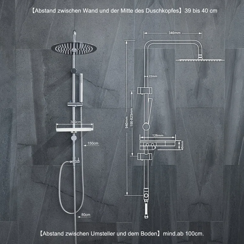 JOHO Regendusche Duschsystem 92 CM mit Ablage Kopfbrause Rund Chrom