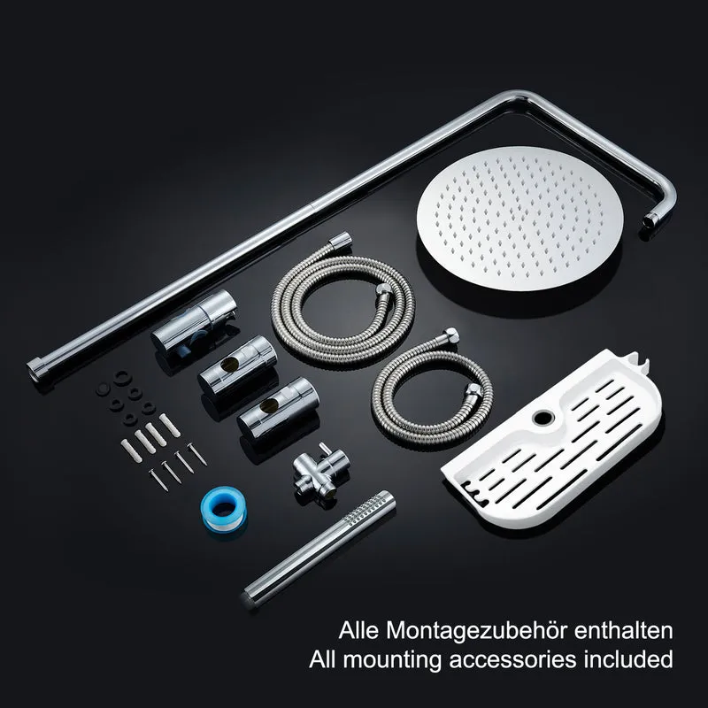 JOHO Regendusche Duschsystem 92 CM mit Ablage Kopfbrause Rund Chrom