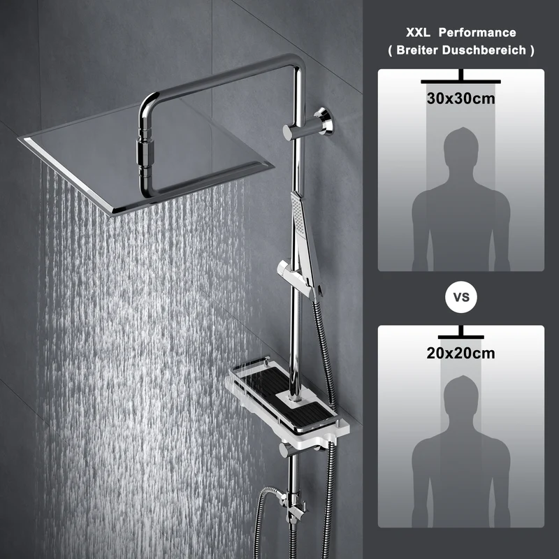 JOHO Regendusche Duschsystem 92 CM mit Ablage Kopfbrause eckig Chrom