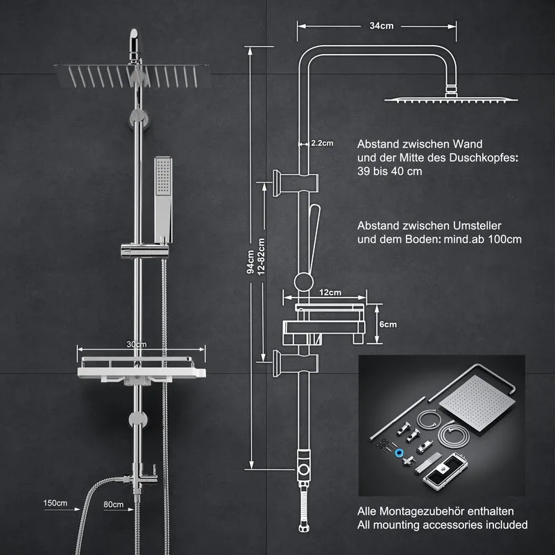 JOHO Regendusche Duschsystem 92 CM mit Ablage Kopfbrause eckig Chrom
